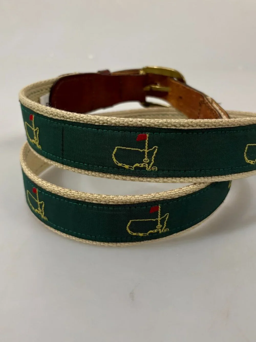 Augusta Masters Golf Tournament Ribbon Belt M Green Canvas Brown Leather Vintage